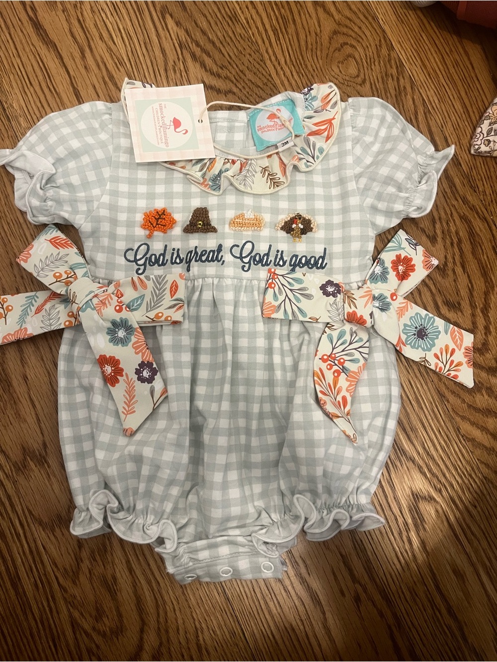 Smocked Flamingo Thanksgiving bubble Gingham Embroidered God is Good Bodysuit